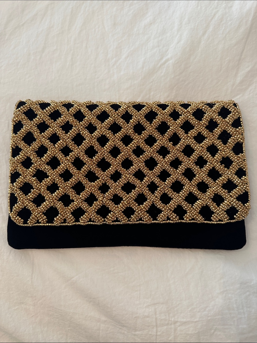 Black Velvet Evening Clutch with Gold Beading